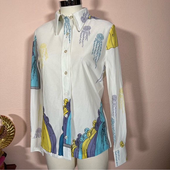 Vintage 1970 Mod Art Deco Lady Print Dagger collar Blouse - Picture 11 of 17